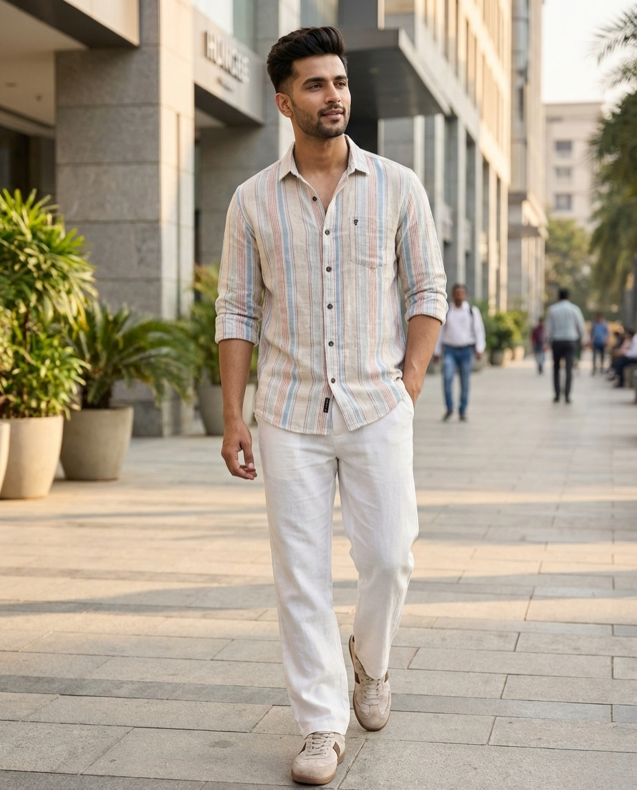 Men’s Pastel Natural Cotton Vertical Stripe Shirt with Soft Color Accents | Premium Everyday Style