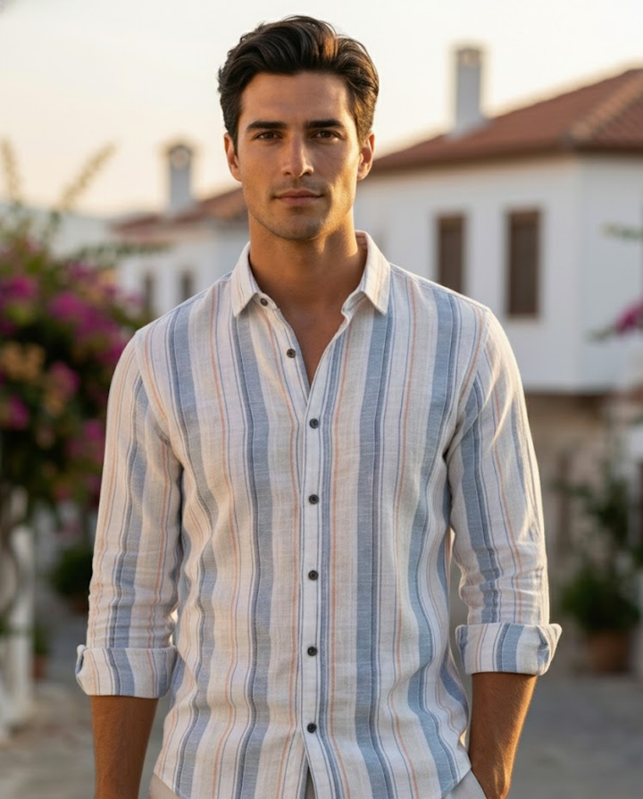 Men’s Pastel Blue Natural Cotton Vertical Stripe Shirt with Relaxed Elegance | Premium Lifestyle Wear