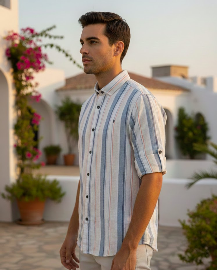 Men’s Pastel Blue Natural Cotton Vertical Stripe Shirt with Relaxed Elegance | Premium Lifestyle Wear