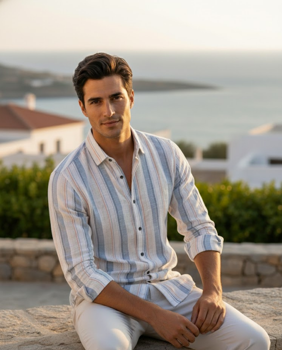 Men’s Pastel Blue Natural Cotton Vertical Stripe Shirt with Relaxed Elegance | Premium Lifestyle Wear