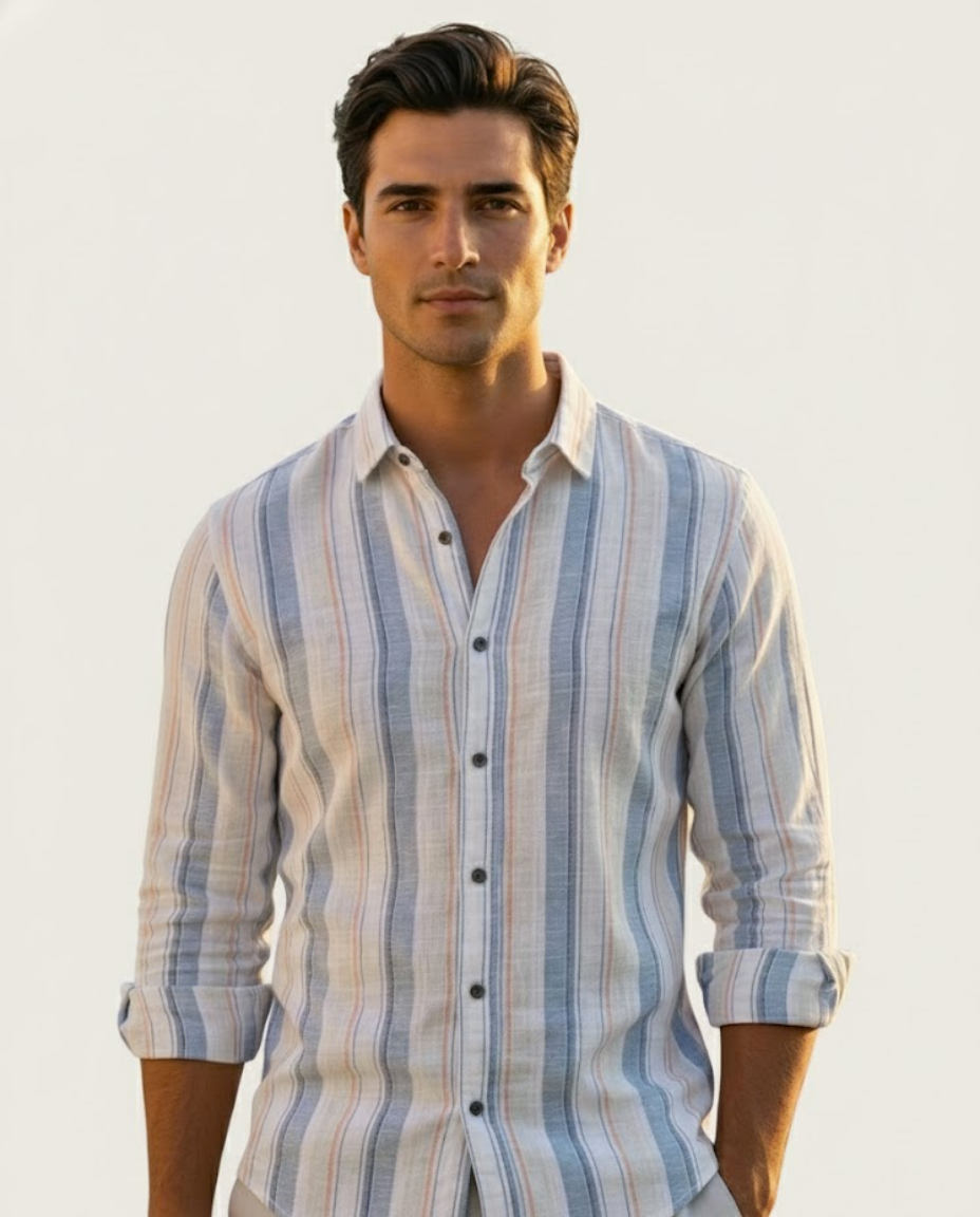 Men’s Pastel Blue Natural Cotton Vertical Stripe Shirt with Relaxed Elegance | Premium Lifestyle Wear