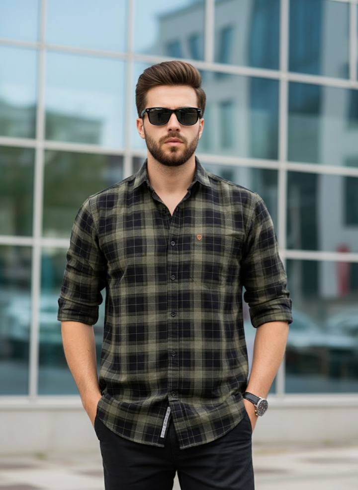 Olive Black Plaid Casual Shirt – Slim Fit Men’s Checked Shirt