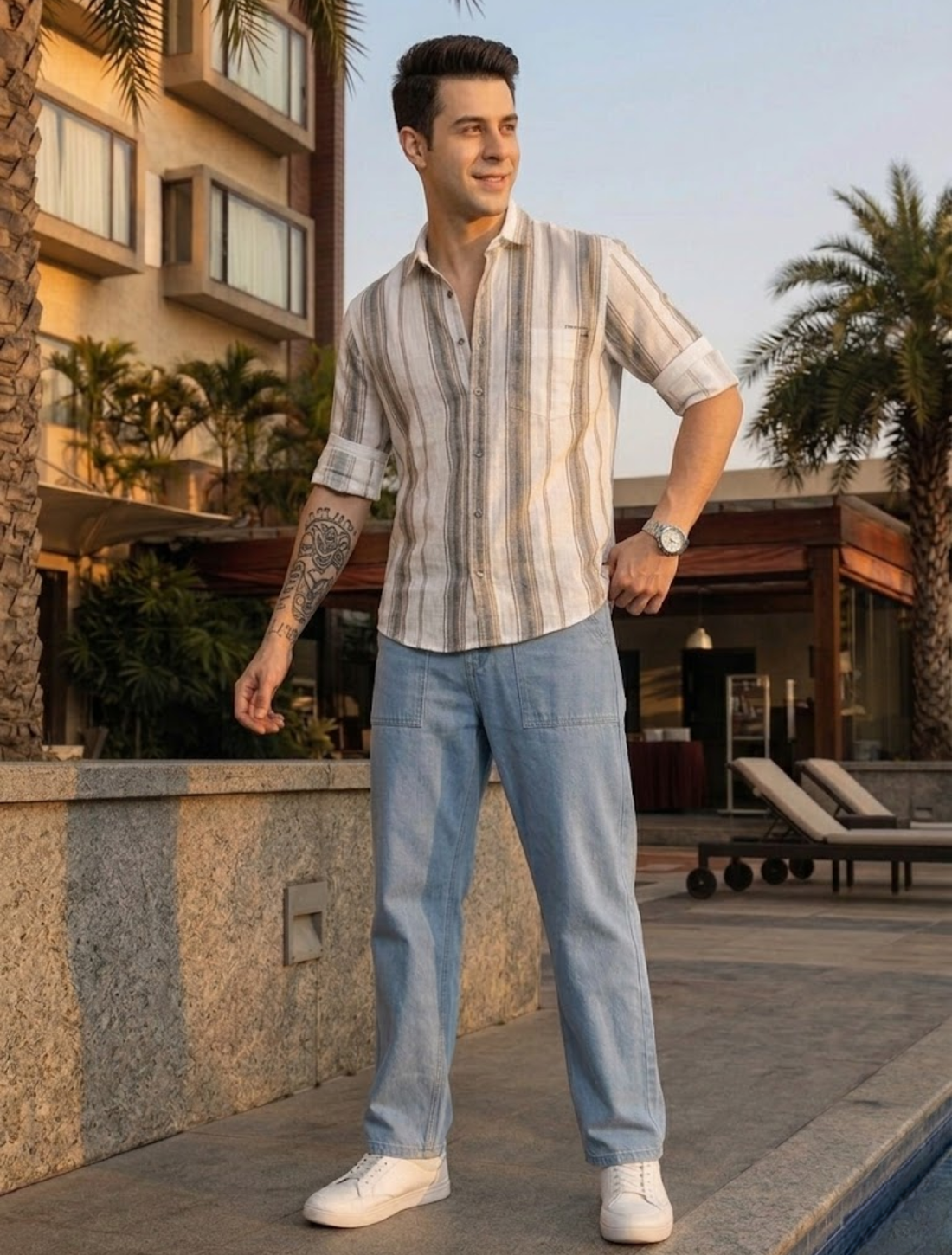 Men’s Beige Cotton Linen Vertical Stripe Summer Fit Shirt
