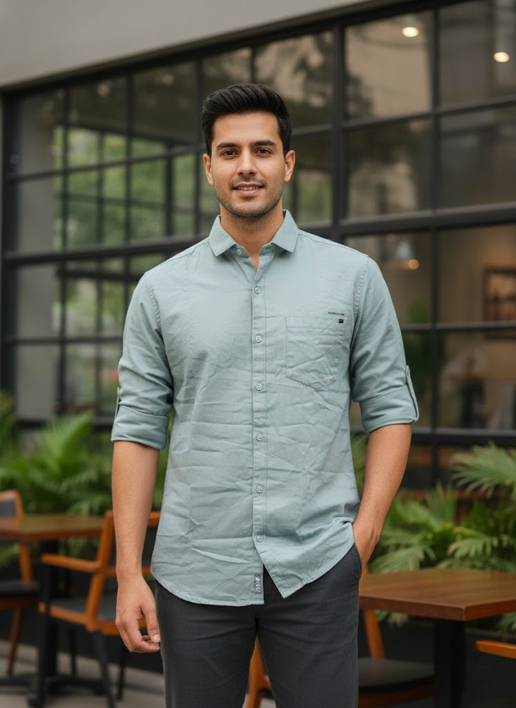 Men’s Light Sage Green Cotton Slim Fit Casual Shirt