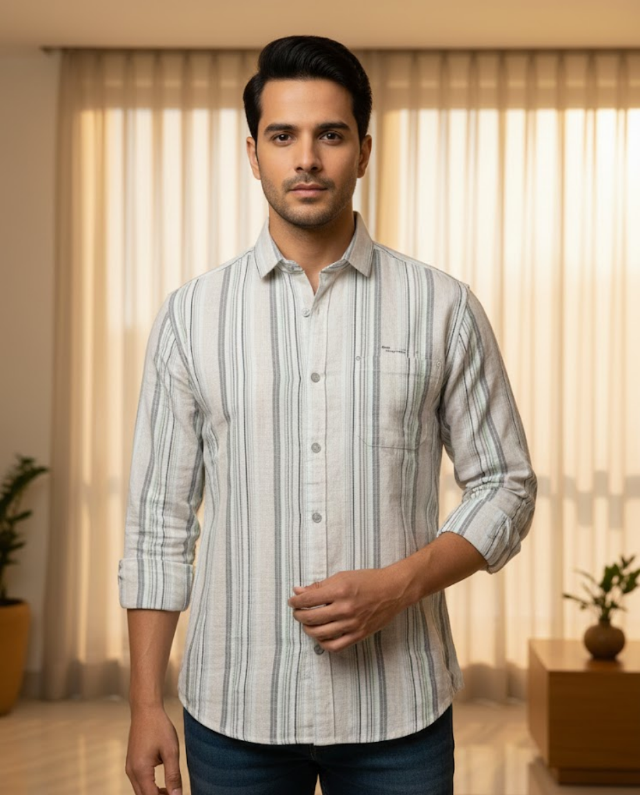 Men’s Cream Natural Cotton Vertical Stripe Shirt with Clean Tailoring | Premium Modern Essential