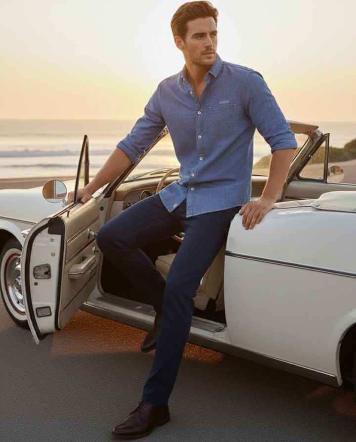 Men’s Classic Blue Solid Denim Shirt  | Premium Casual Essential