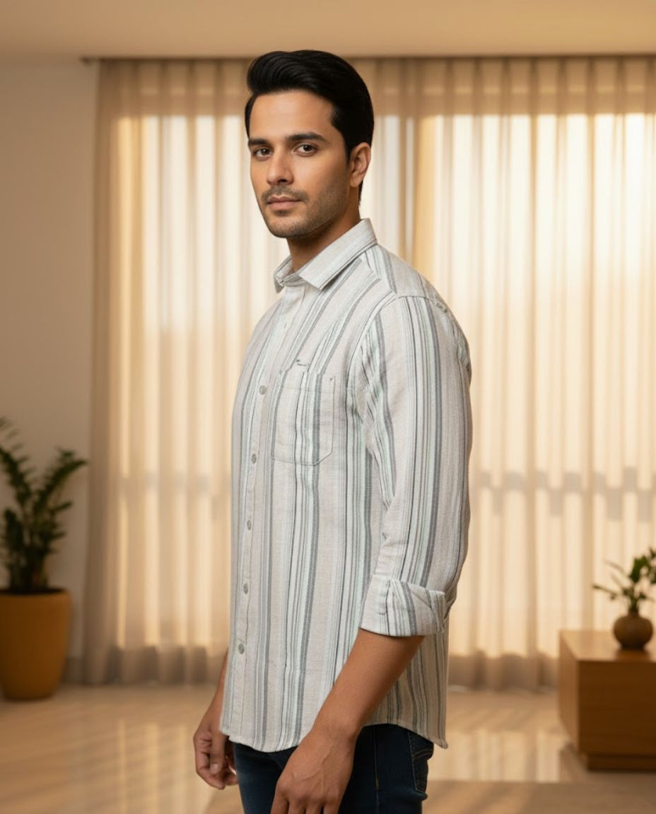 Men’s Cream Natural Cotton Vertical Stripe Shirt with Clean Tailoring | Premium Modern Essential