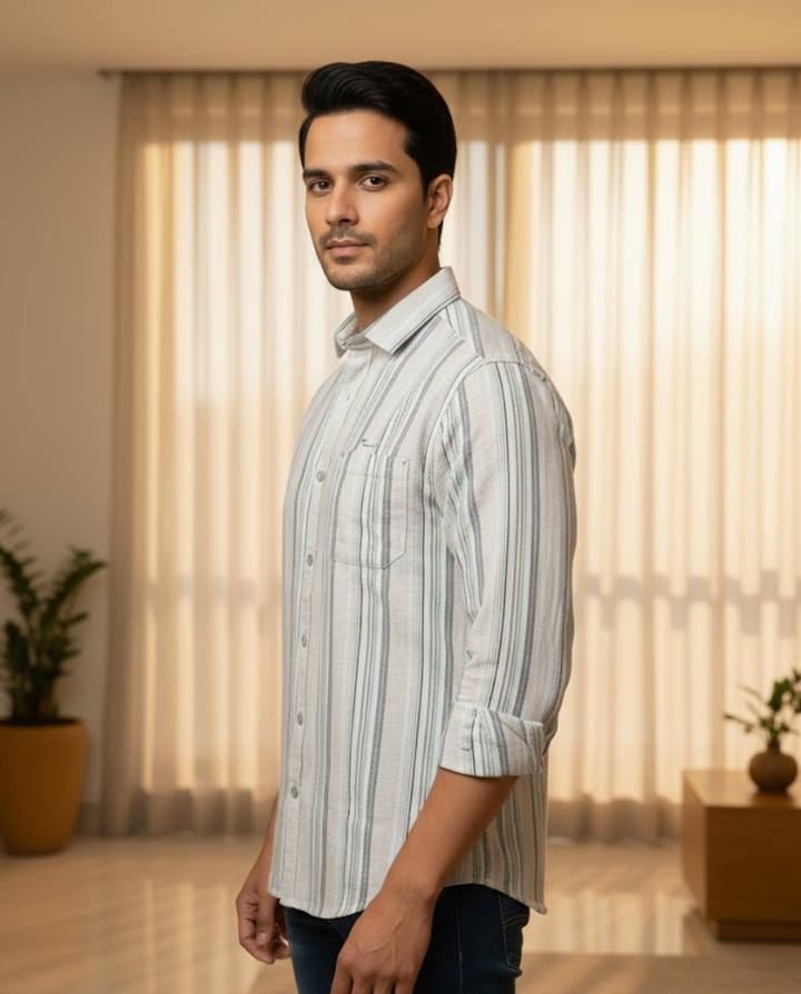 Men’s Cream Natural Cotton Vertical Stripe Shirt with Clean Tailoring | Premium Modern Essential