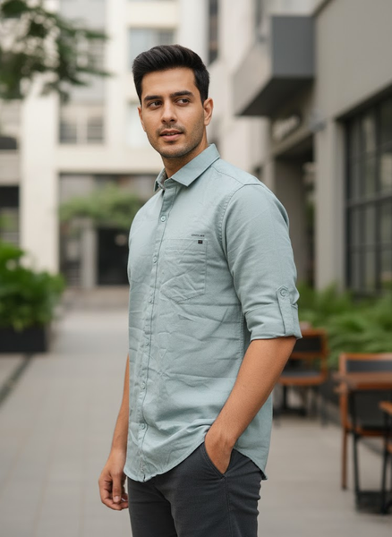 Men’s Light Sage Green Cotton Slim Fit Casual Shirt