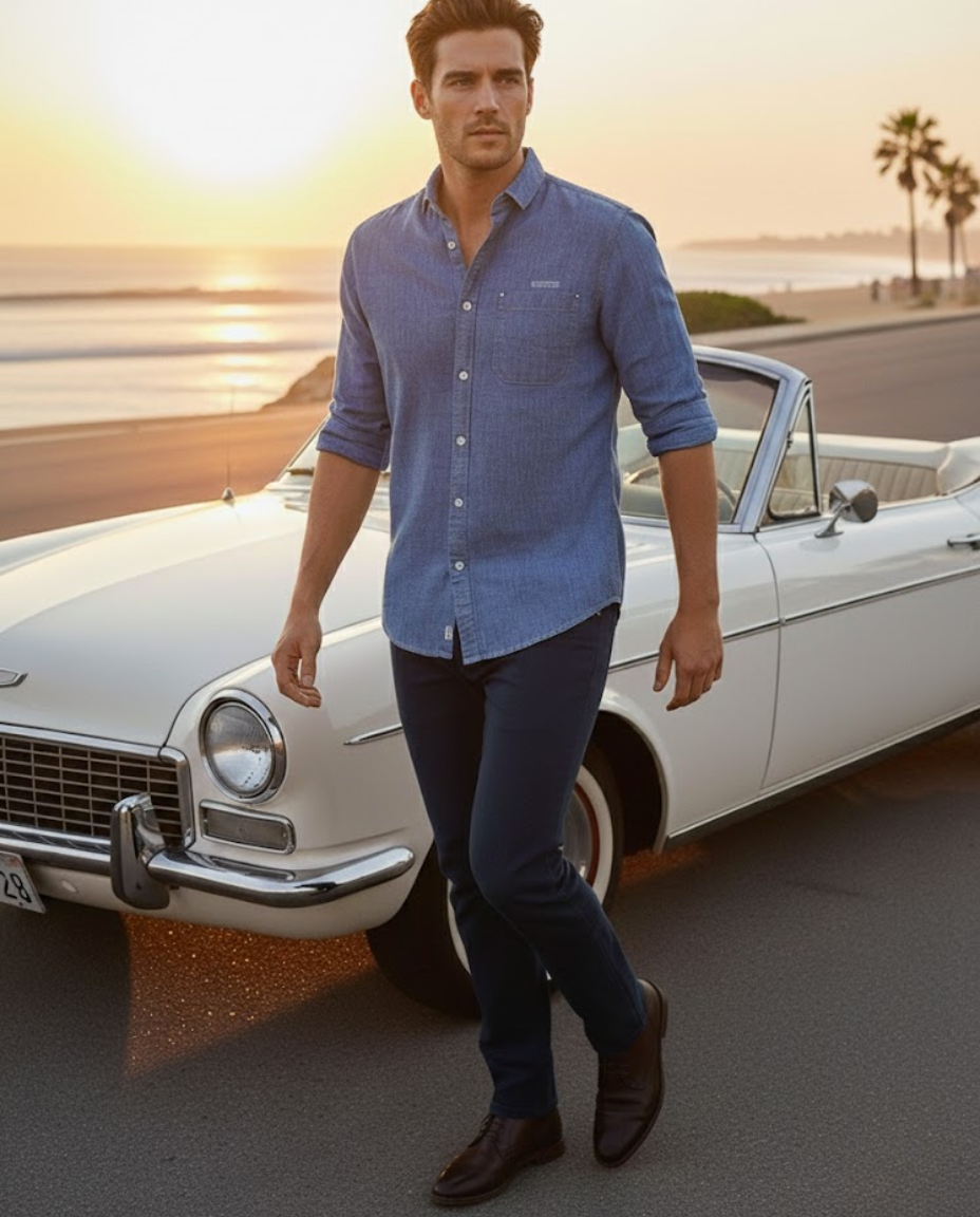 Men’s Classic Blue Solid Denim Shirt  | Premium Casual Essential