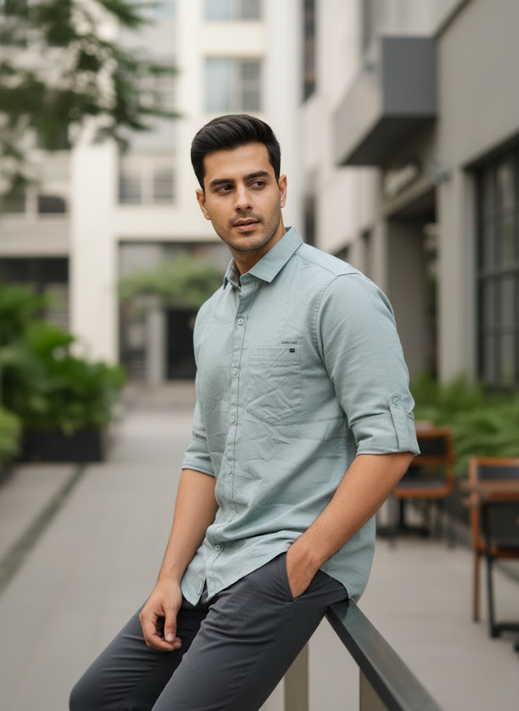 Men’s Light Sage Green Cotton Slim Fit Casual Shirt