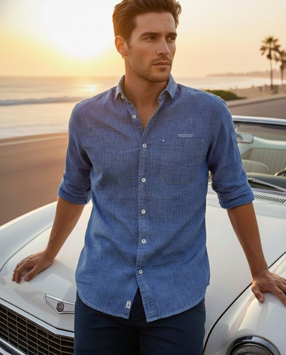 Men’s Classic Blue Solid Denim Shirt  | Premium Casual Essential