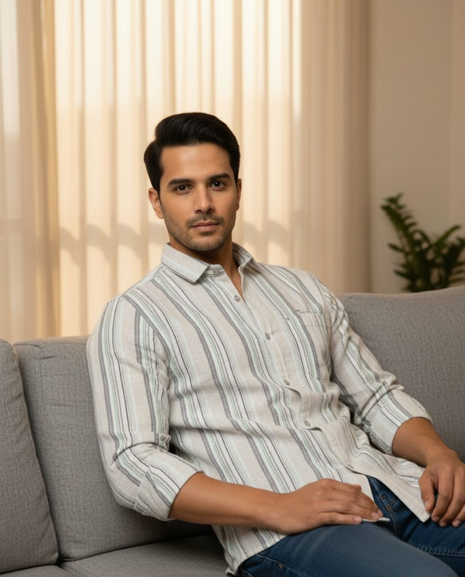 Men’s Cream Natural Cotton Vertical Stripe Shirt with Clean Tailoring | Premium Modern Essential