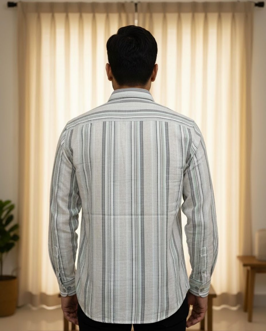 Men’s Cream Natural Cotton Vertical Stripe Shirt with Clean Tailoring | Premium Modern Essential