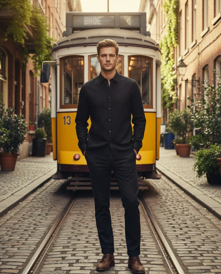 Men’s Jet Black Satin Finish Solid Shirt with Clean Tailoring | Premium Urban Classic