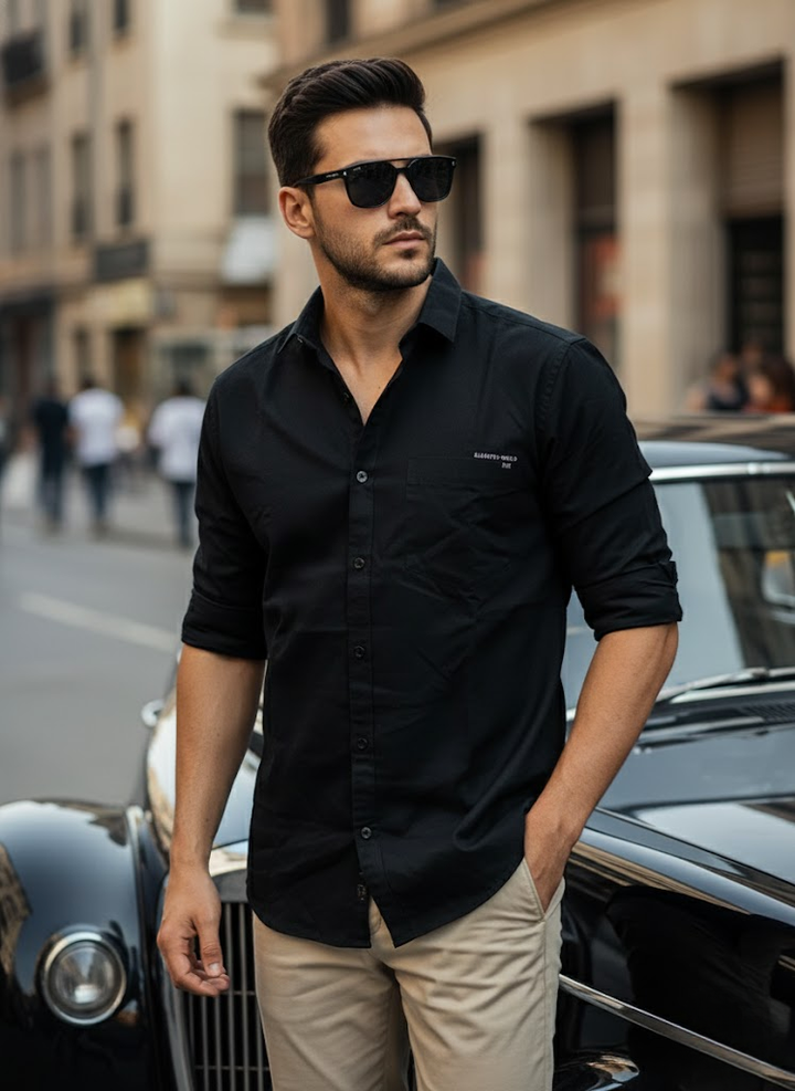 Men’s Classic Black Cotton Slim Fit Casual Shirt