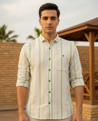 Men’s Pastel Green Natural cotton Vertical Stripe Shirt with Relaxed Tailoring | Premium Casual Essential