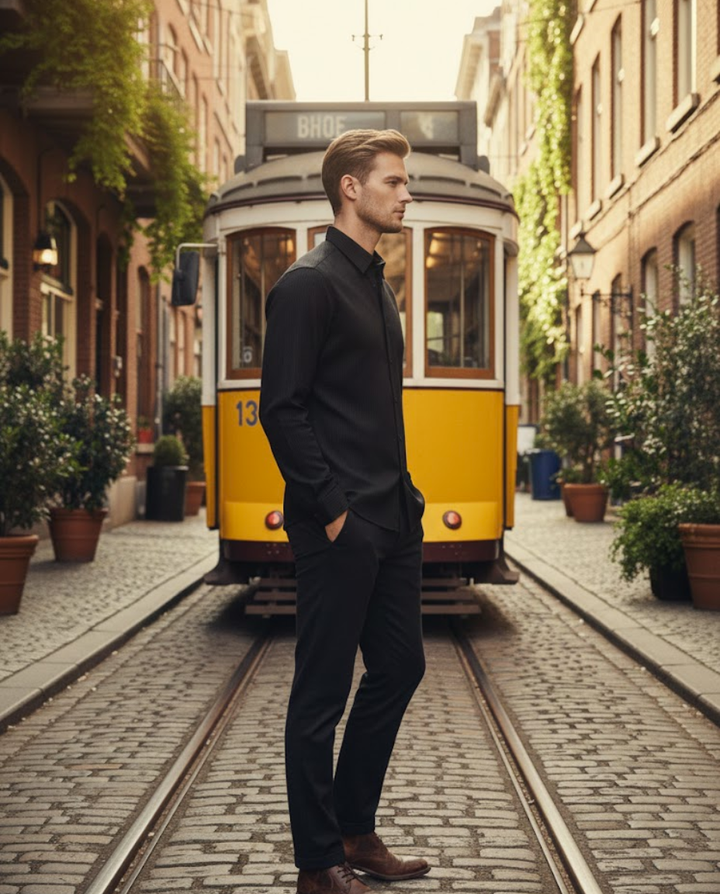 Men’s Jet Black Satin Finish Solid Shirt with Clean Tailoring | Premium Urban Classic