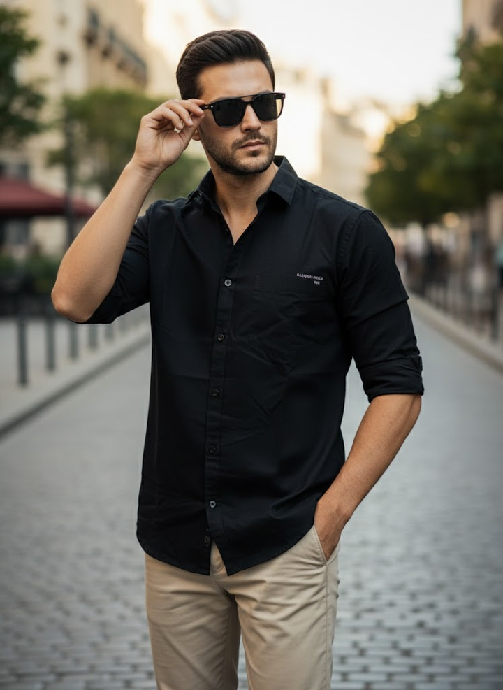 Men’s Classic Black Cotton Slim Fit Casual Shirt