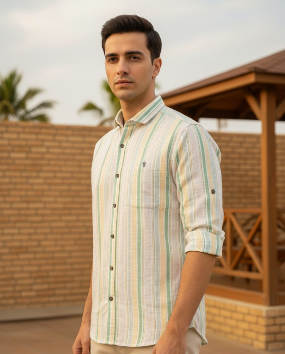 Men’s Pastel Green Natural cotton Vertical Stripe Shirt with Relaxed Tailoring | Premium Casual Essential
