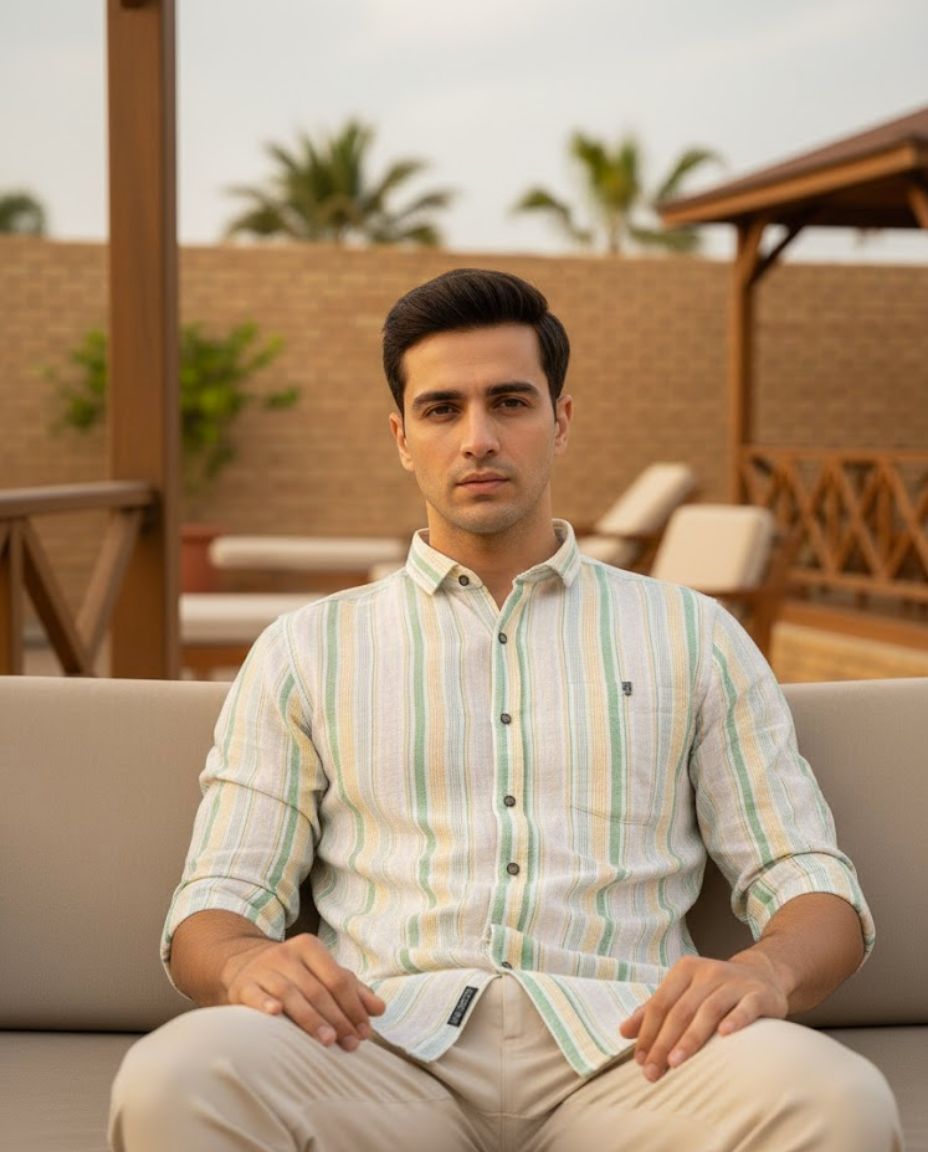 Men’s Pastel Green Natural cotton Vertical Stripe Shirt with Relaxed Tailoring | Premium Casual Essential