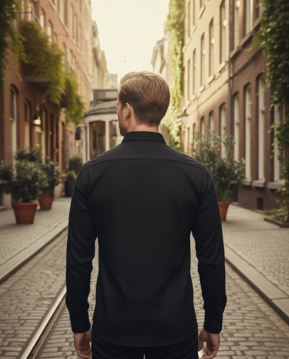 Men’s Jet Black Satin Finish Solid Shirt with Clean Tailoring | Premium Urban Classic