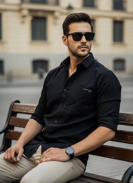 Men’s Classic Black Cotton Slim Fit Casual Shirt