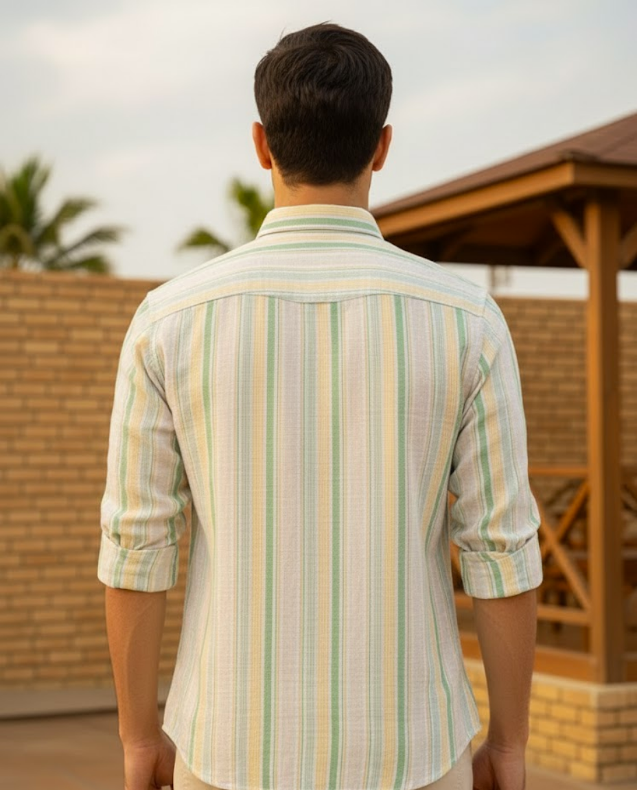 Men’s Pastel Green Natural cotton Vertical Stripe Shirt with Relaxed Tailoring | Premium Casual Essential