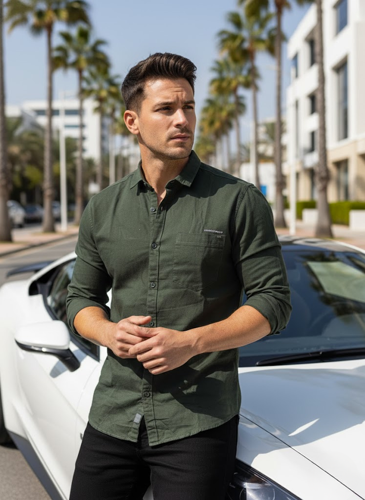 Men’s Bottle Green Cotton Slim Fit Casual Shirt