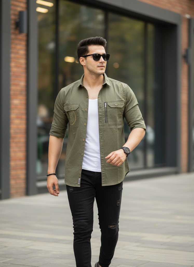 Men’s Double Pocket Olive Green Cotton Stylish Casual Shirt