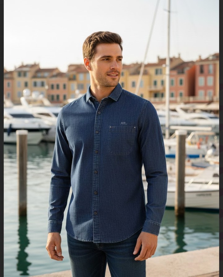 Men’s Deep Indigo Denim Shirt with Clean Tailoring | Premium Casual Essential