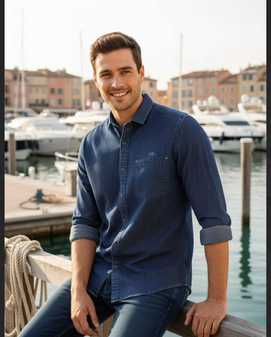 Men’s Deep Indigo Denim Shirt with Clean Tailoring | Premium Casual Essential
