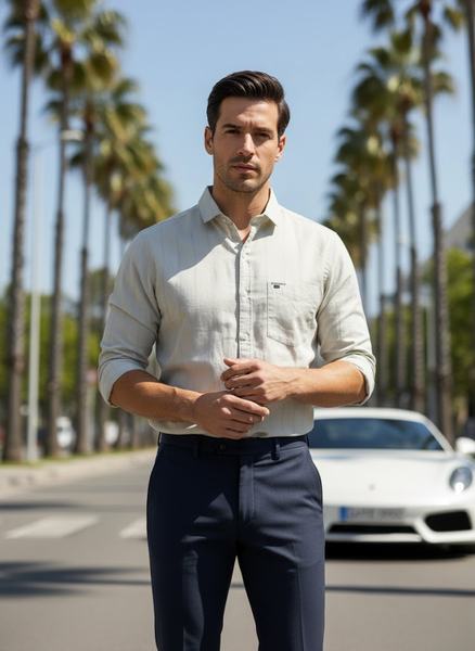 Men’s Light Beige Cotton Slim Fit Casual striped Shirt