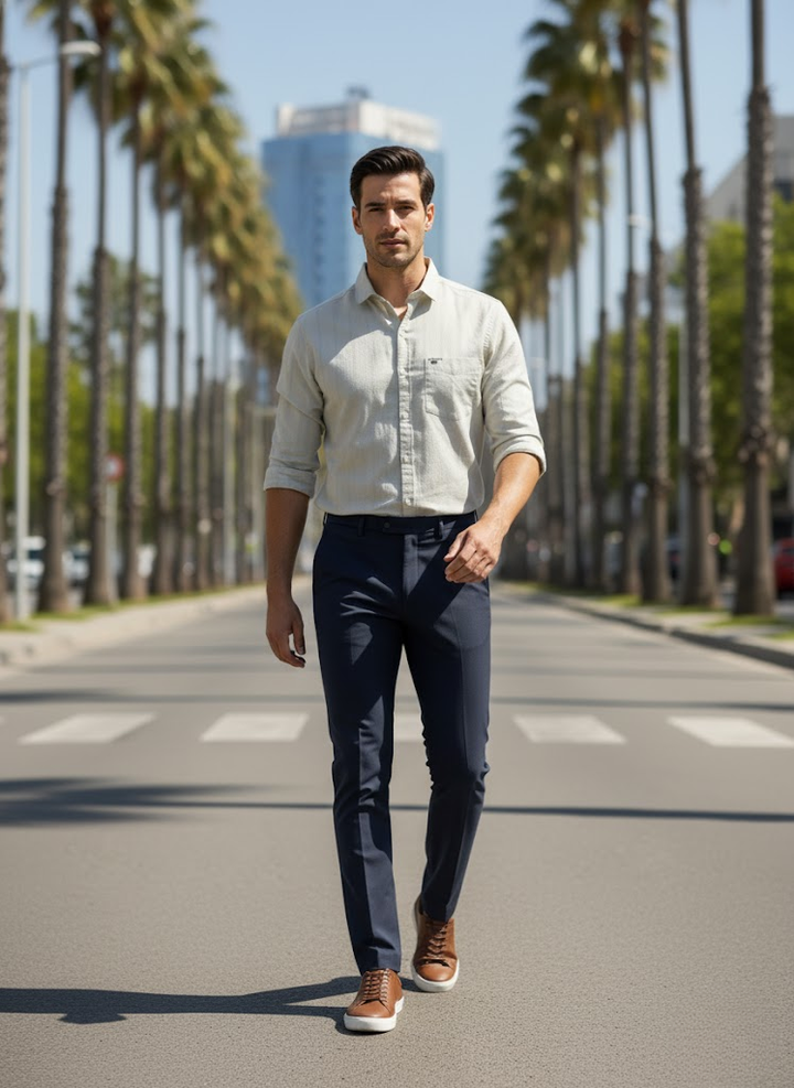 Men’s Light Beige Cotton Slim Fit Casual striped Shirt