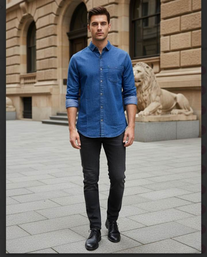 Men’s Classic Blue Denim Shirt – Premium Finish, Modern Slim Silhouette