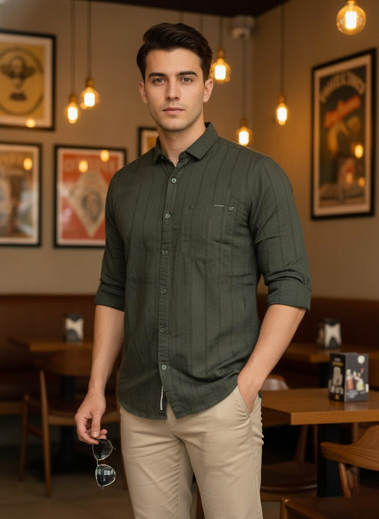 Men’s Dark Olive Green Cotton striped Slim Fit Casual Shirt