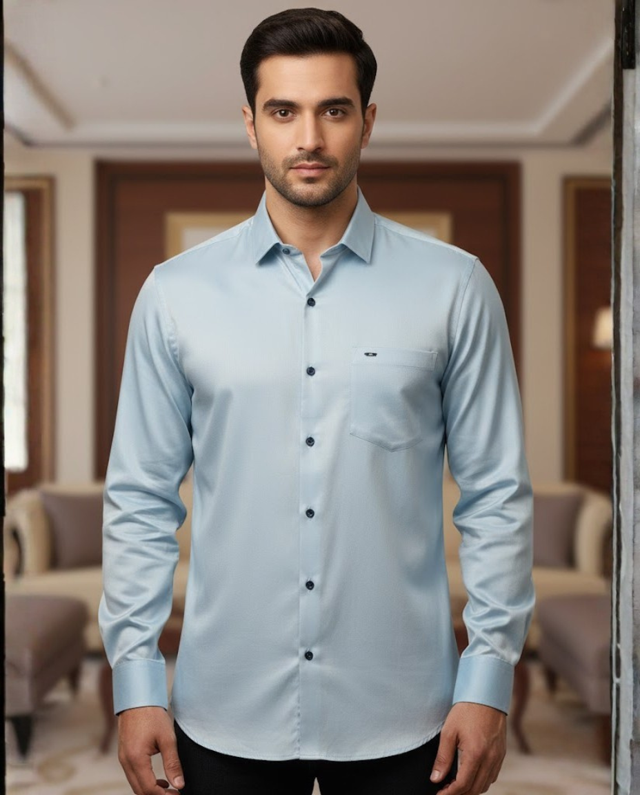 Men’s Ice Blue Satin Shirt – Premium Wear with Refined Shine