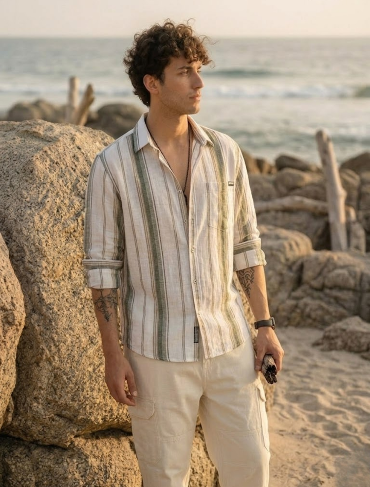 Men’s Beach Stripe Casual Cotton Linen Summer Fit Shirt