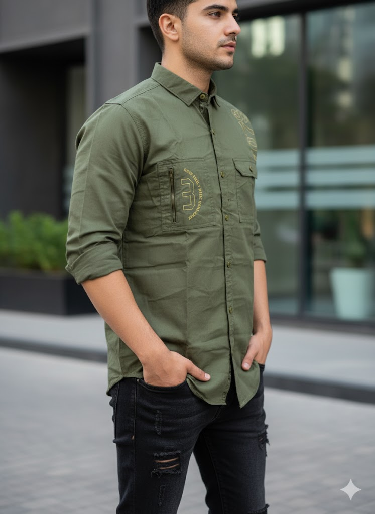 Men’s Double Pocket Olive Green Cotton Stylish Casual Shirt