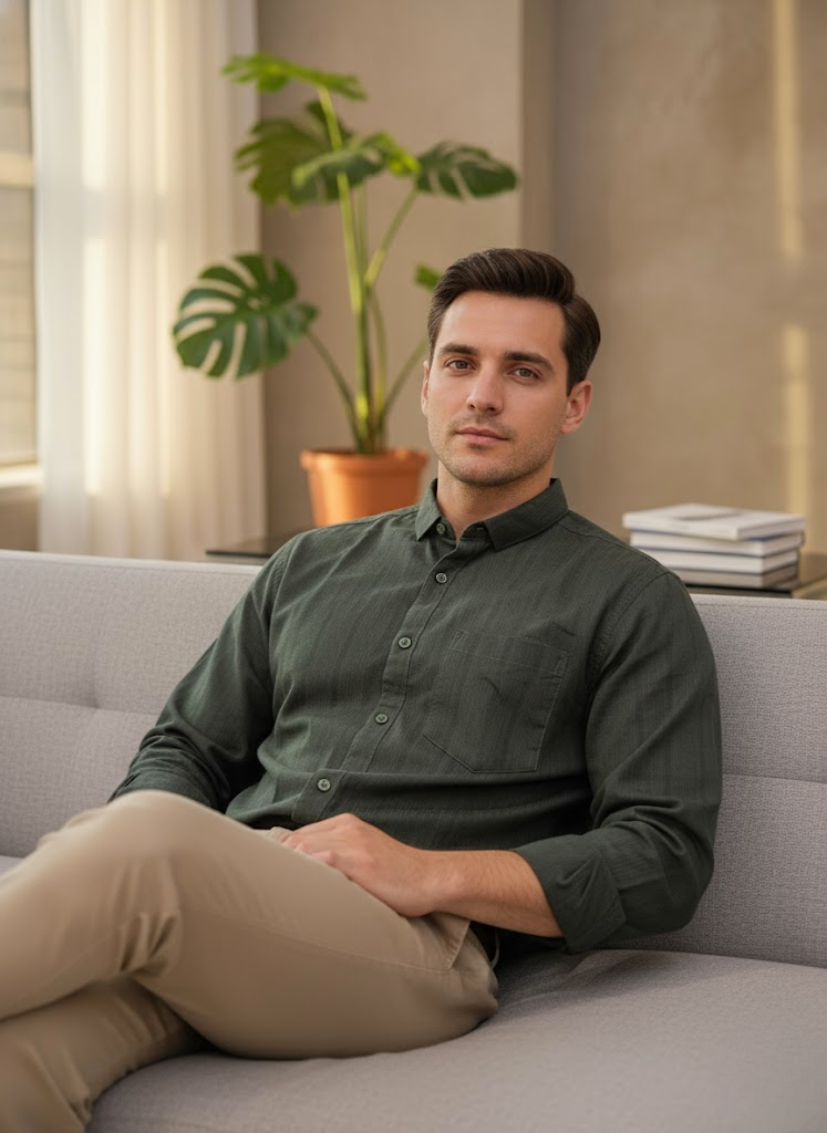 Men’s Dark Olive Green Cotton striped Slim Fit Casual Shirt