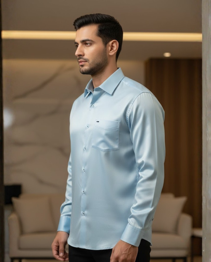 Men’s Ice Blue Satin Shirt – Premium Wear with Refined Shine