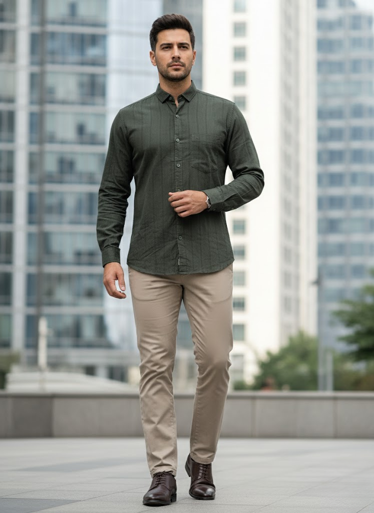 Men’s Dark Olive Green Cotton striped Slim Fit Casual Shirt