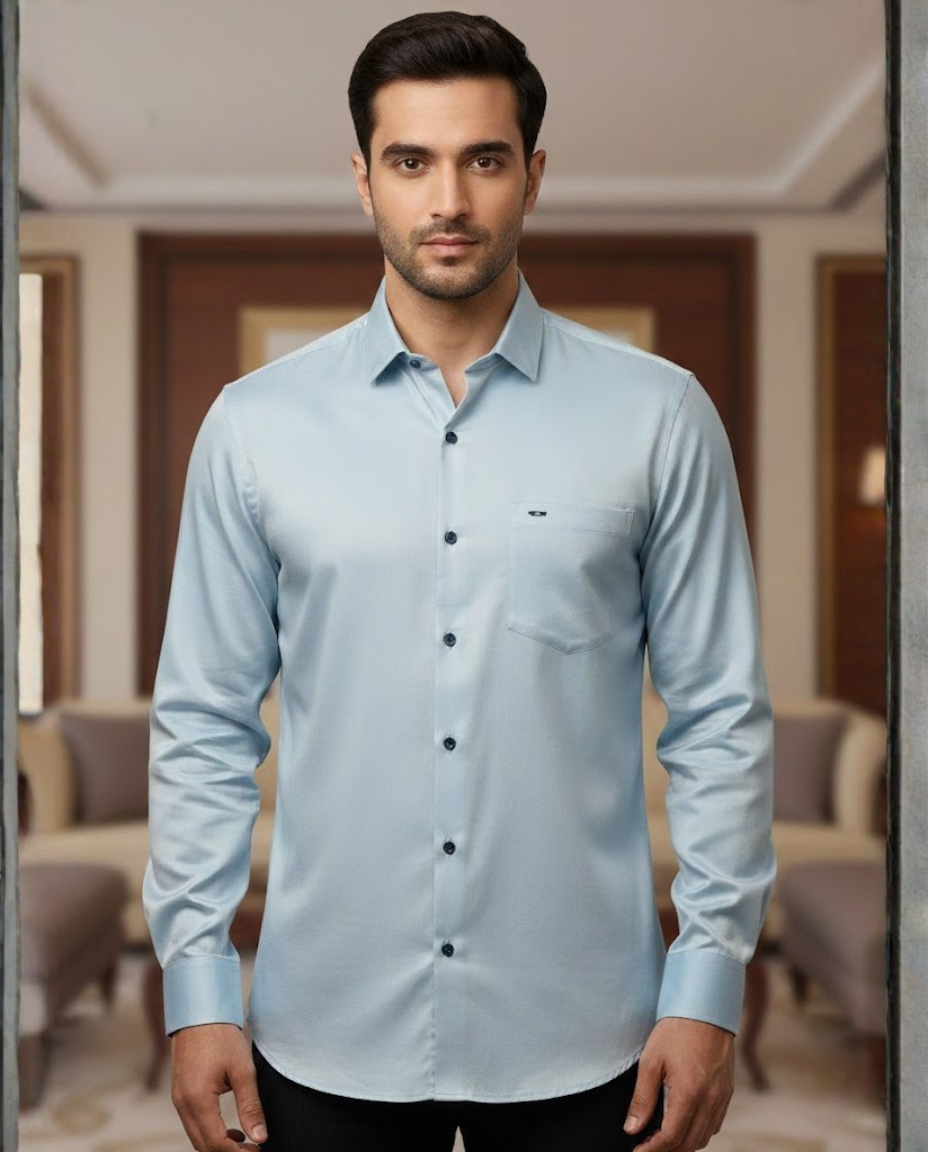 Men’s Ice Blue Satin Shirt – Premium Wear with Refined Shine