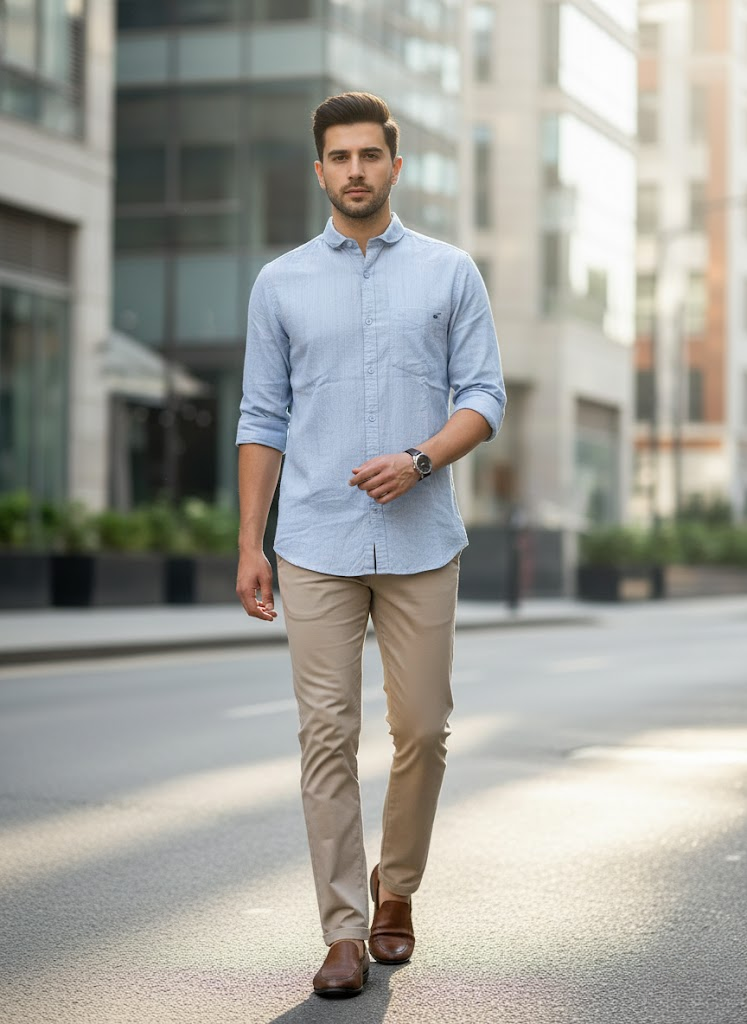 Men’s Light Blue Cotton Slim Fit Striped Casual Shirt