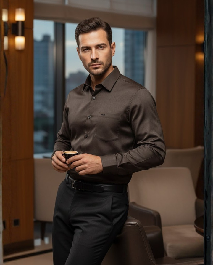Men’s Espresso Brown Satin Shirt – Luxury Evening Wear with a Sleek Silhouette