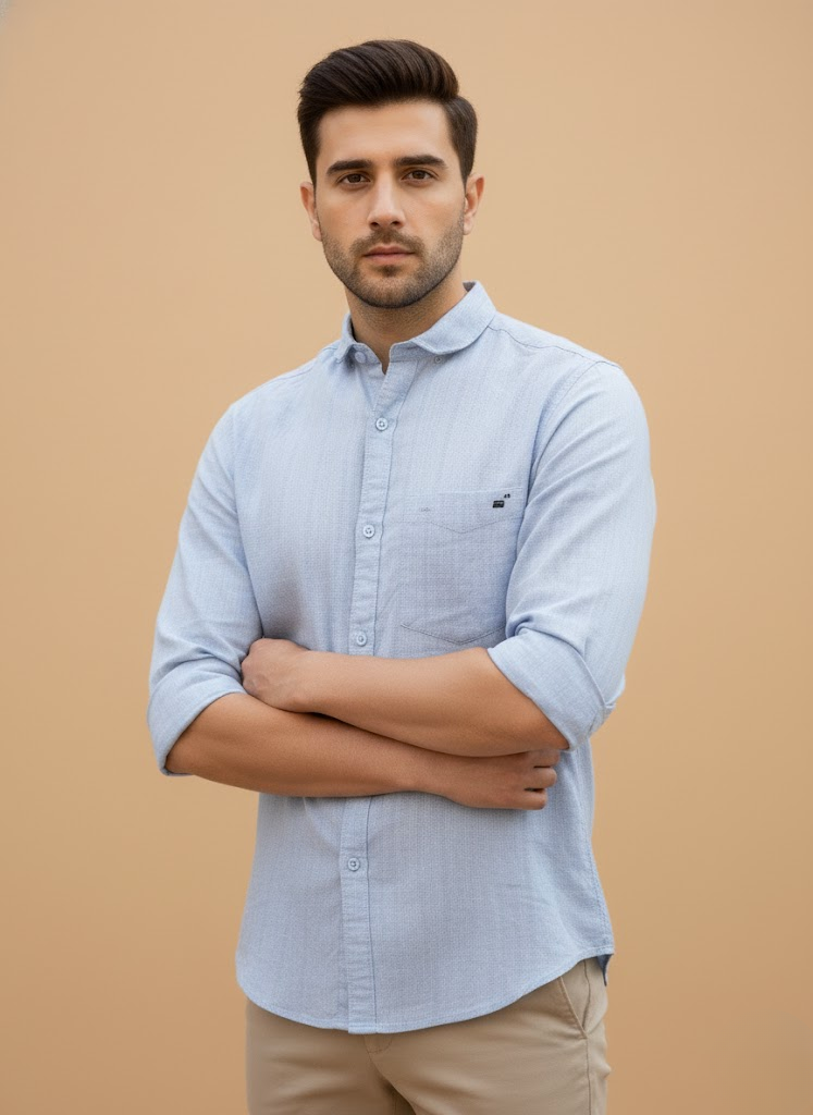 Men’s Light Blue Cotton Slim Fit Striped Casual Shirt