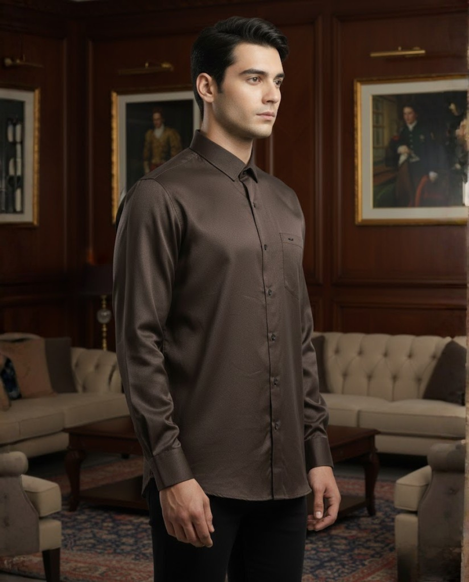 Men’s Espresso Brown Satin Shirt – Luxury Evening Wear with a Sleek Silhouette