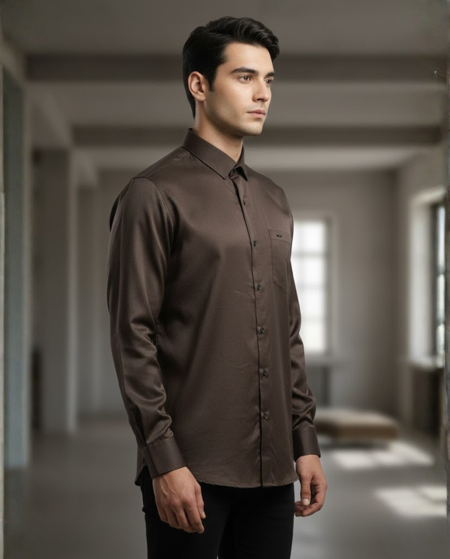 Men’s Espresso Brown Satin Shirt – Luxury Evening Wear with a Sleek Silhouette