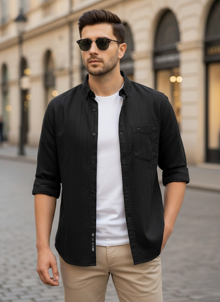 Men’s Black Cotton striped Slim Fit  shirt