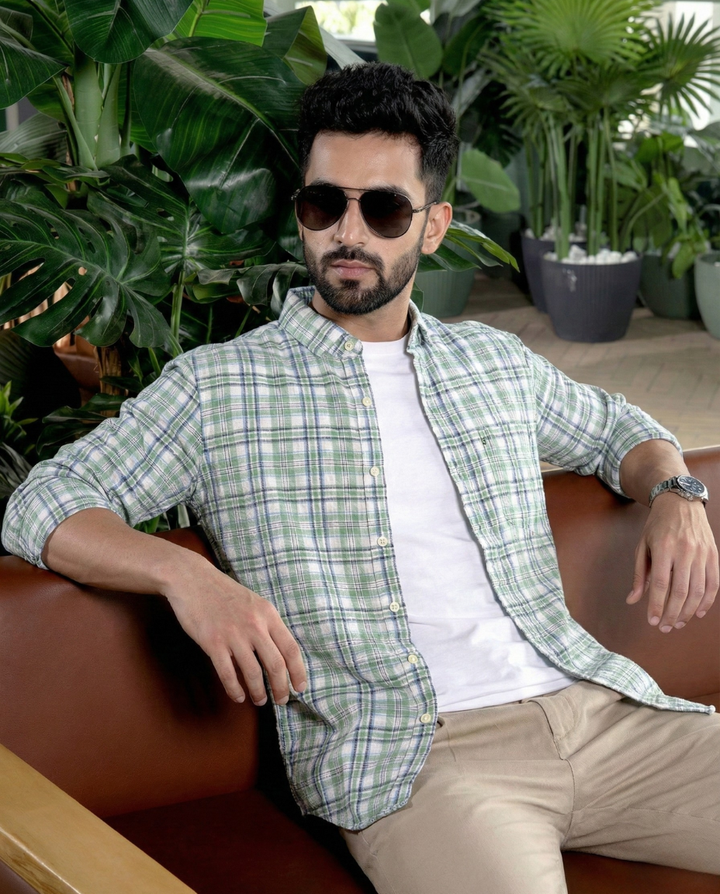 Men’s Green Checked Casual Shirt with Full Sleeves & Button-Down Design – Premium Everyday Style